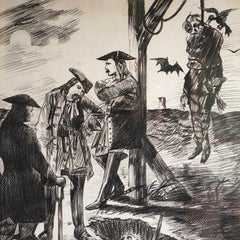 Disegno originale vintage incorniciato raffigurante una scena macabra e oscura di impiccagione