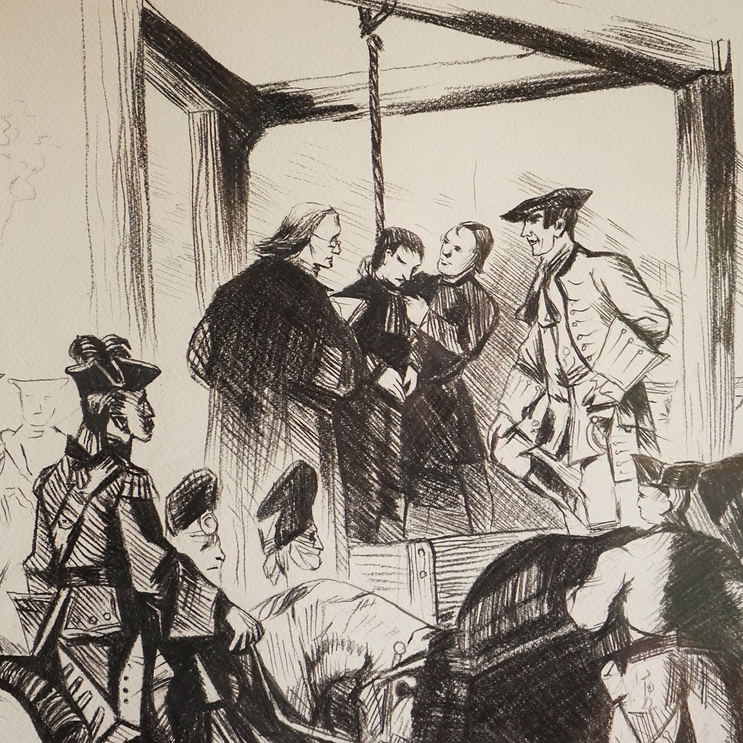 Vintage Original Pencil and Charcoal Study

Depicting a rather serious situation at the gallows, the victim of the hanging is being read his last rights with his head down and eyes closed in anticipation. The is a crowd in front of him gathering