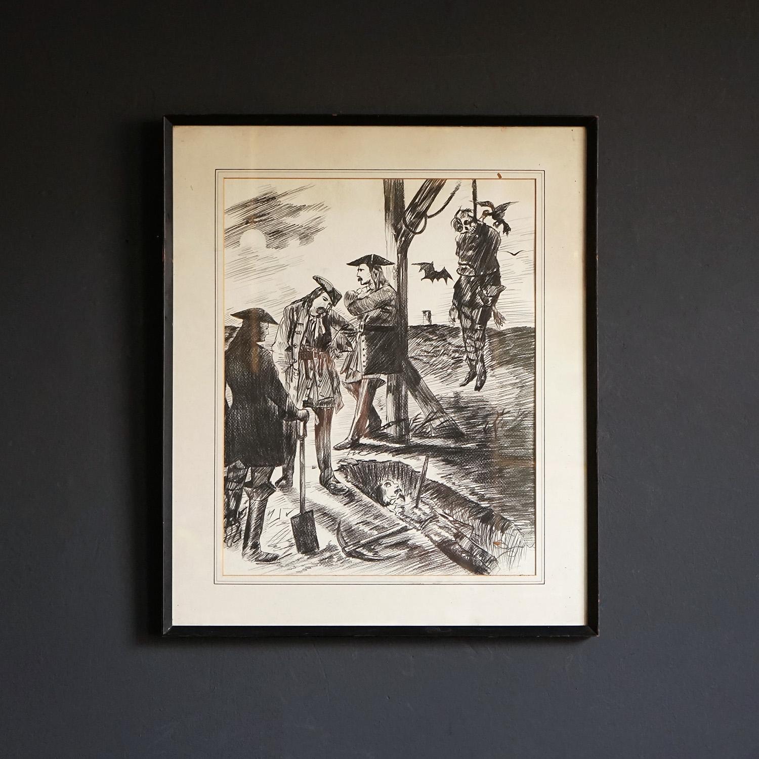 Vintage Original Framed Drawing Depicting a Dark and Macabre Hanging Scene In Good Condition For Sale In Bristol, GB