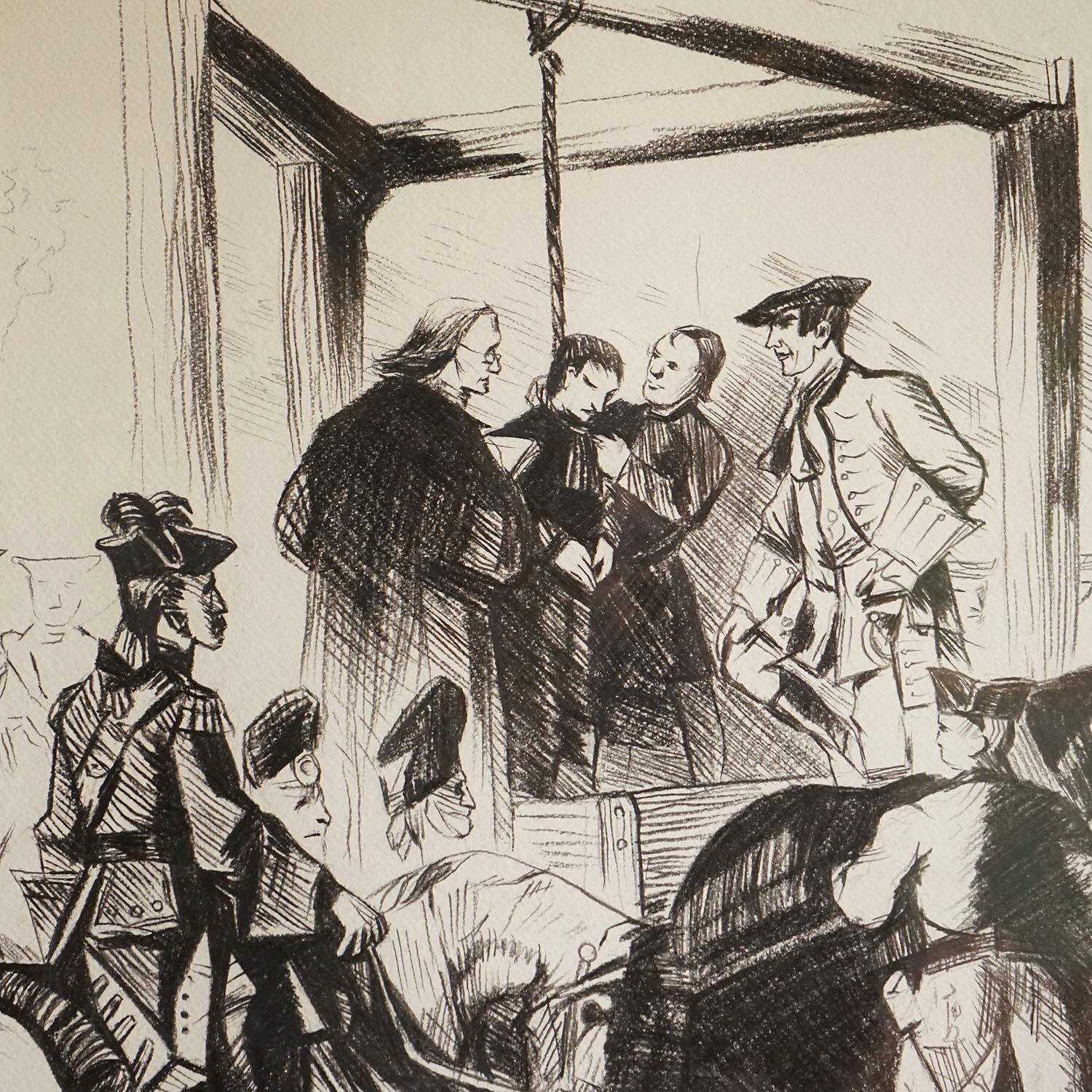 Francese Disegno originale vintage incorniciato raffigurante una scena macabra e oscura di impiccagione in vendita