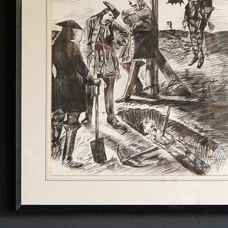 Vintage Original Framed Drawing Depicting a Dark and Macabre Hanging Scene In Good Condition For Sale In Bristol, GB