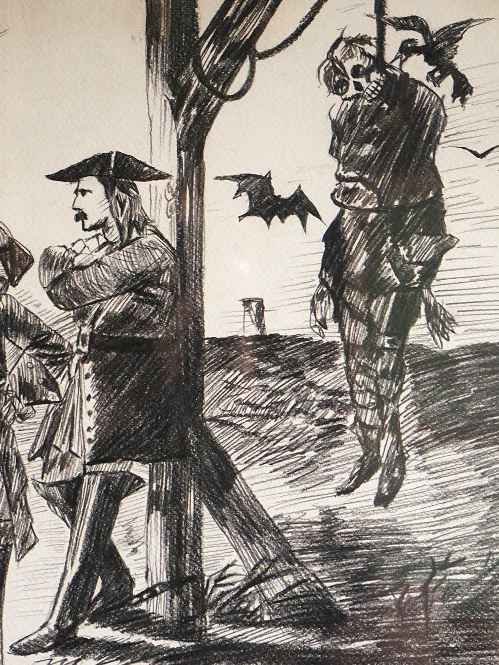 French Vintage Original Framed Drawing Depicting a Dark and Macabre Hanging Scene For Sale
