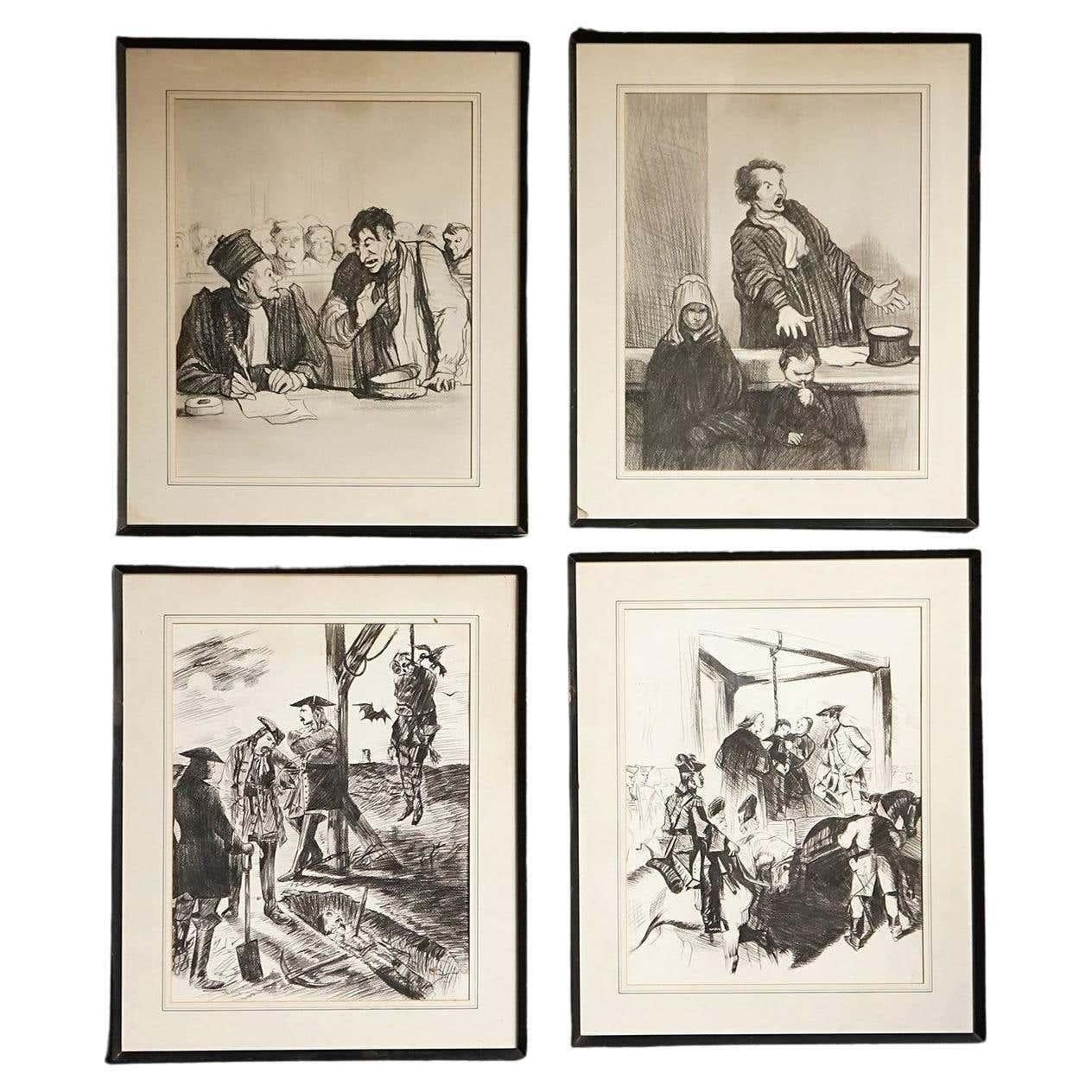 Disegno originale vintage incorniciato raffigurante una scena macabra e oscura di impiccagione in vendita 1