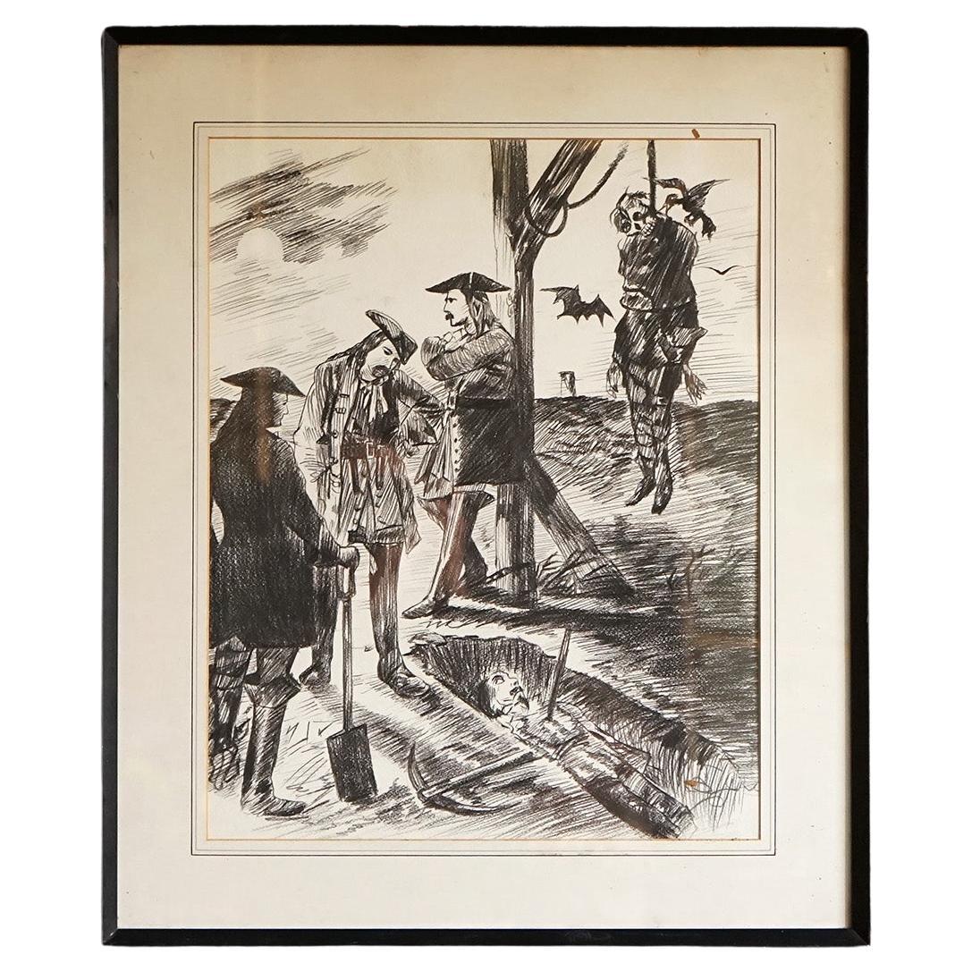 Vintage Original Pencil and Charcoal Study

Depicting a rather serious situation at the gallows, the victim of the hanging appears to have been hanging for a while and is being picked apart by crows. Three men in tricorn hats stand in front of the