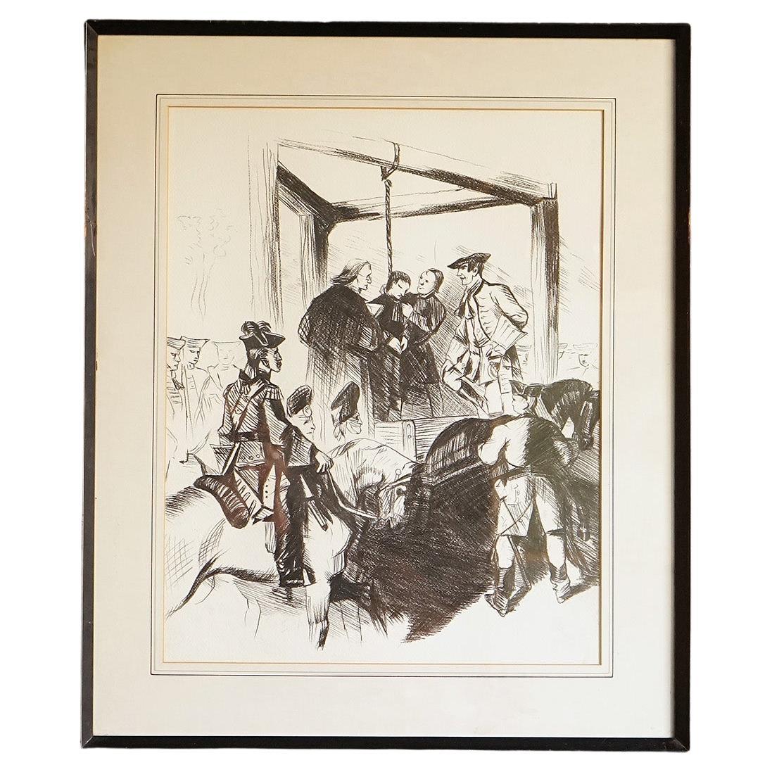 Vintage Original Framed Drawing Depicting a Dark and Macabre Hanging Scene