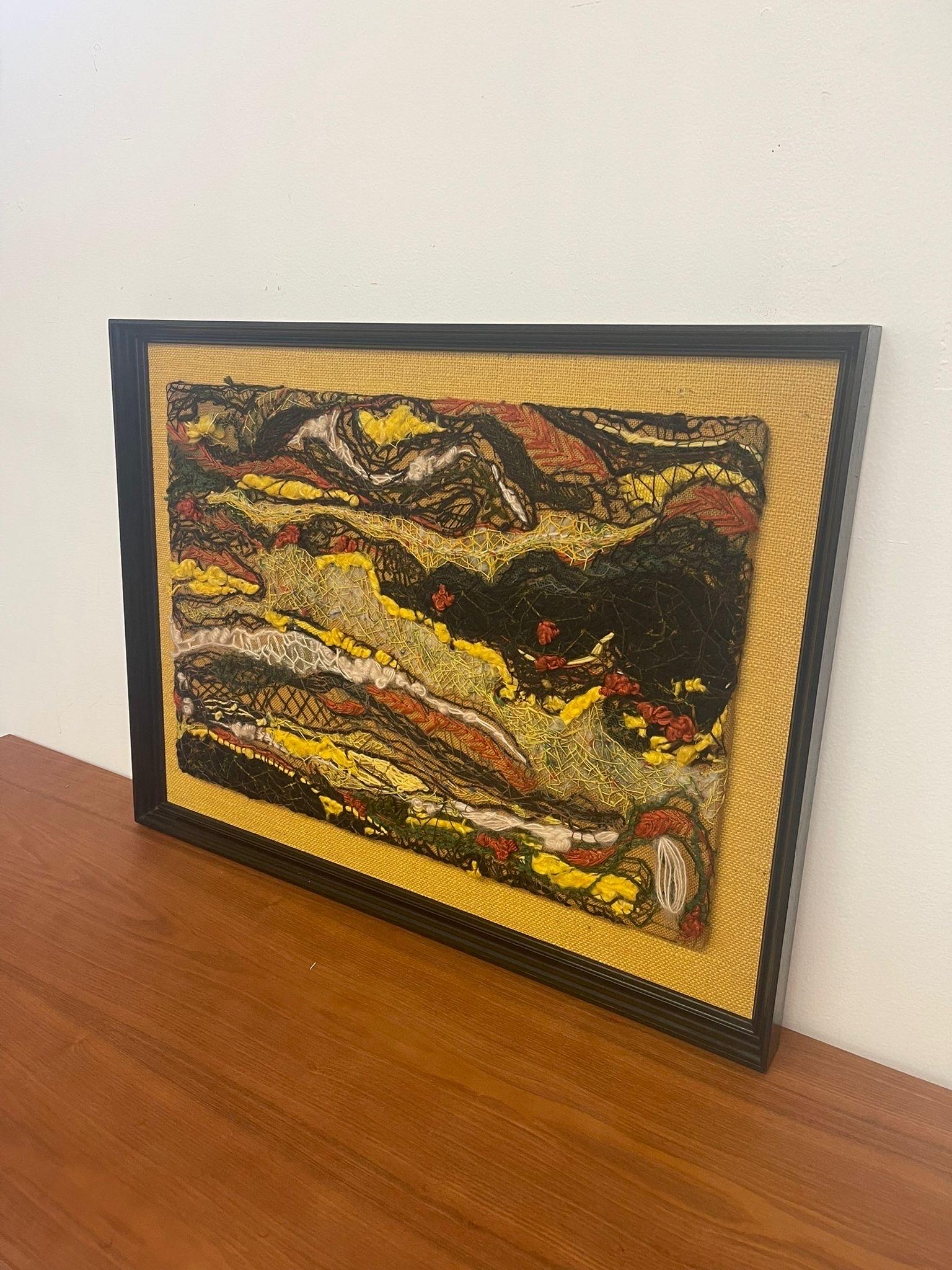Abstract Textile Artwork within a Black Wood Frame . Primary Color is Yellow, Accents of Black Red and Blue. Vintage Condition Consistent with Age as Pictured.

Dimensions. 28 W ; 3/4 D ; 21 1/2 H