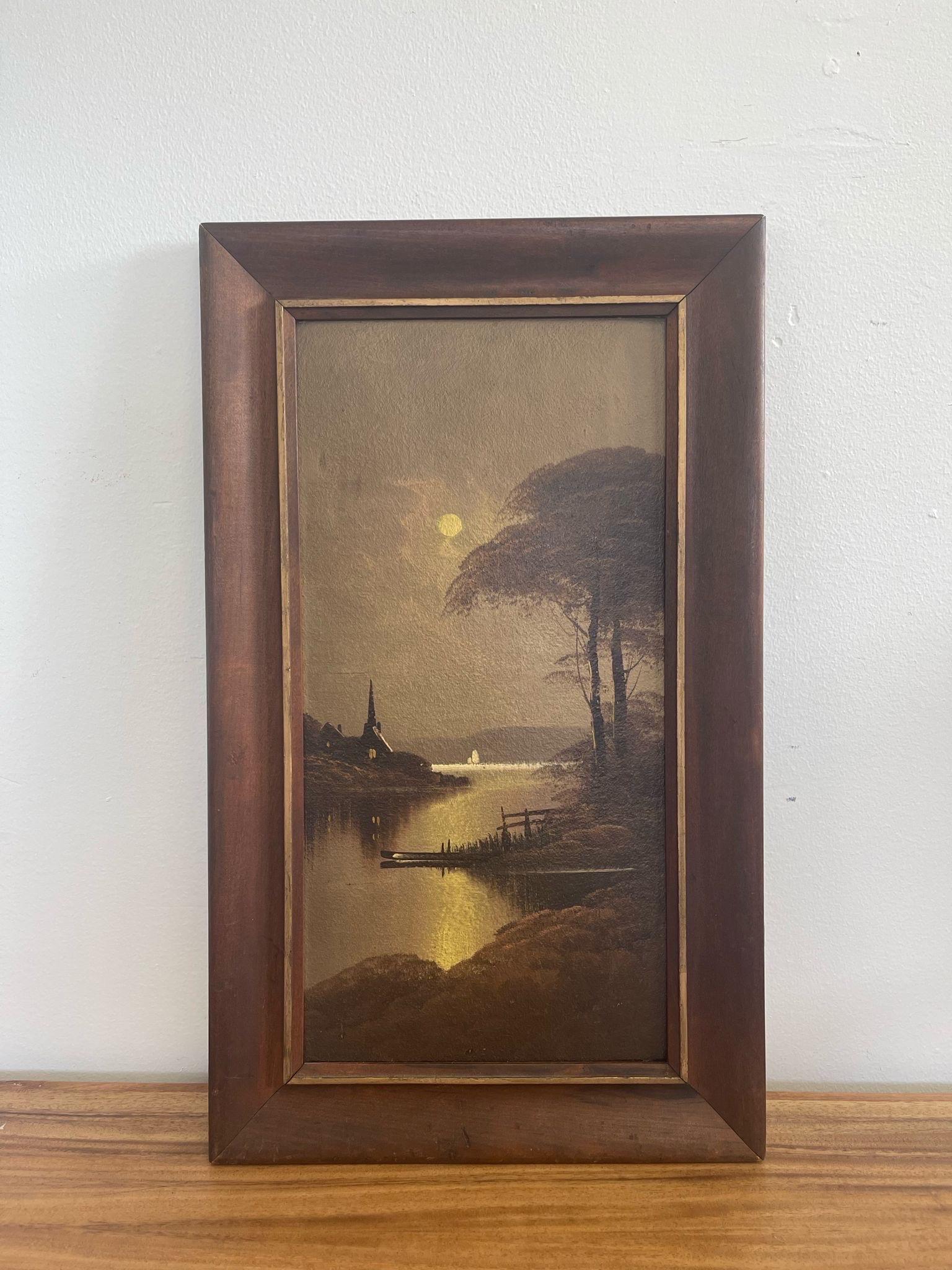 This painting has beautiful patina and aging. Wooden Frame. Possibly Circa 1930s. Unsigned original. No Makers mark. Vintage Condition Consistent with age as Pictured.

Dimensions. 15 W ; 3/4 D ; 24 1/2 H