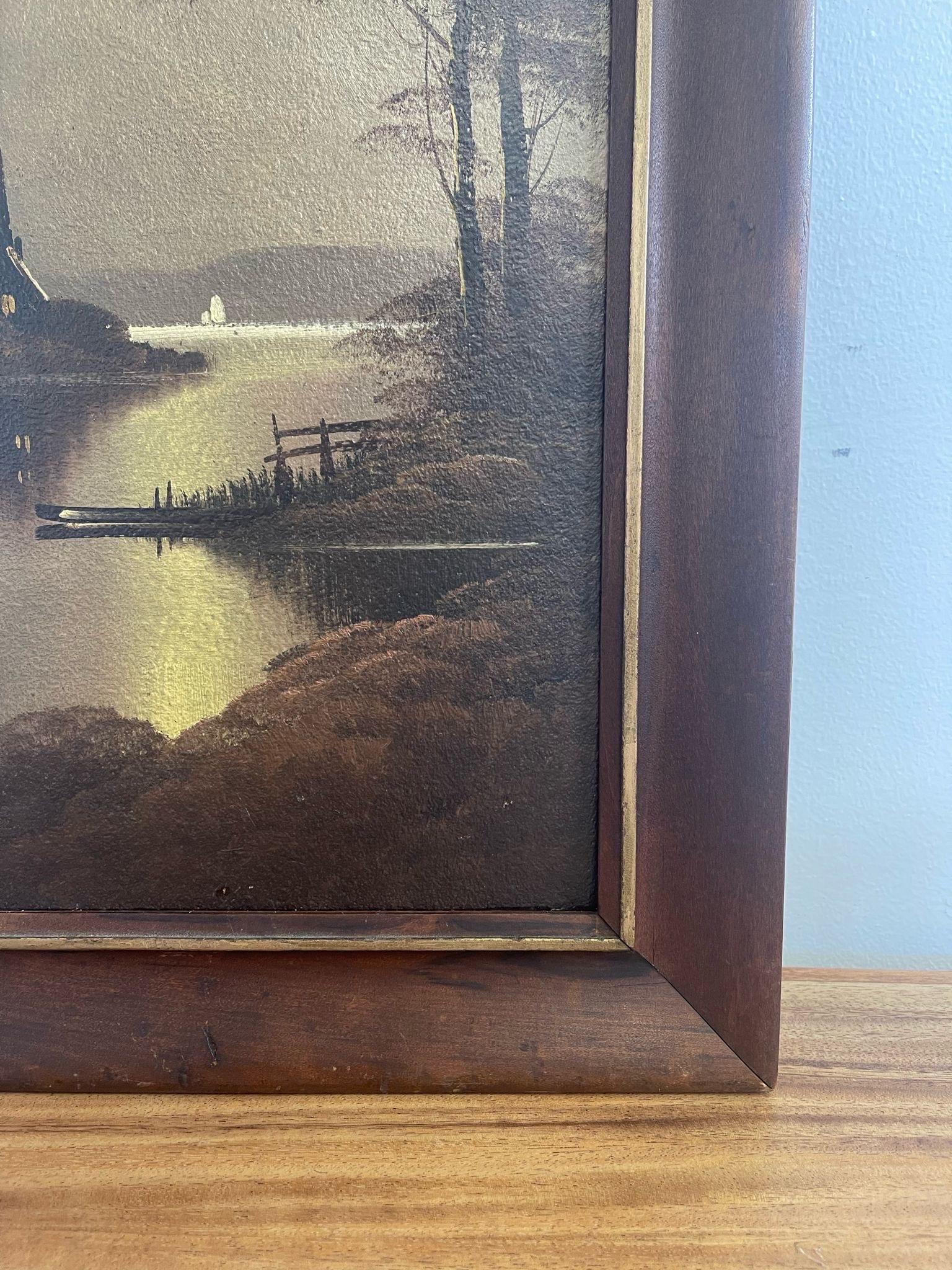 Vintage Original Framed Painting of Moon Overlooking Scenic Riverside. 2