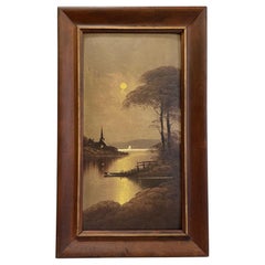 Vintage Original Framed Painting of Moon Overlooking Scenic Riverside.
