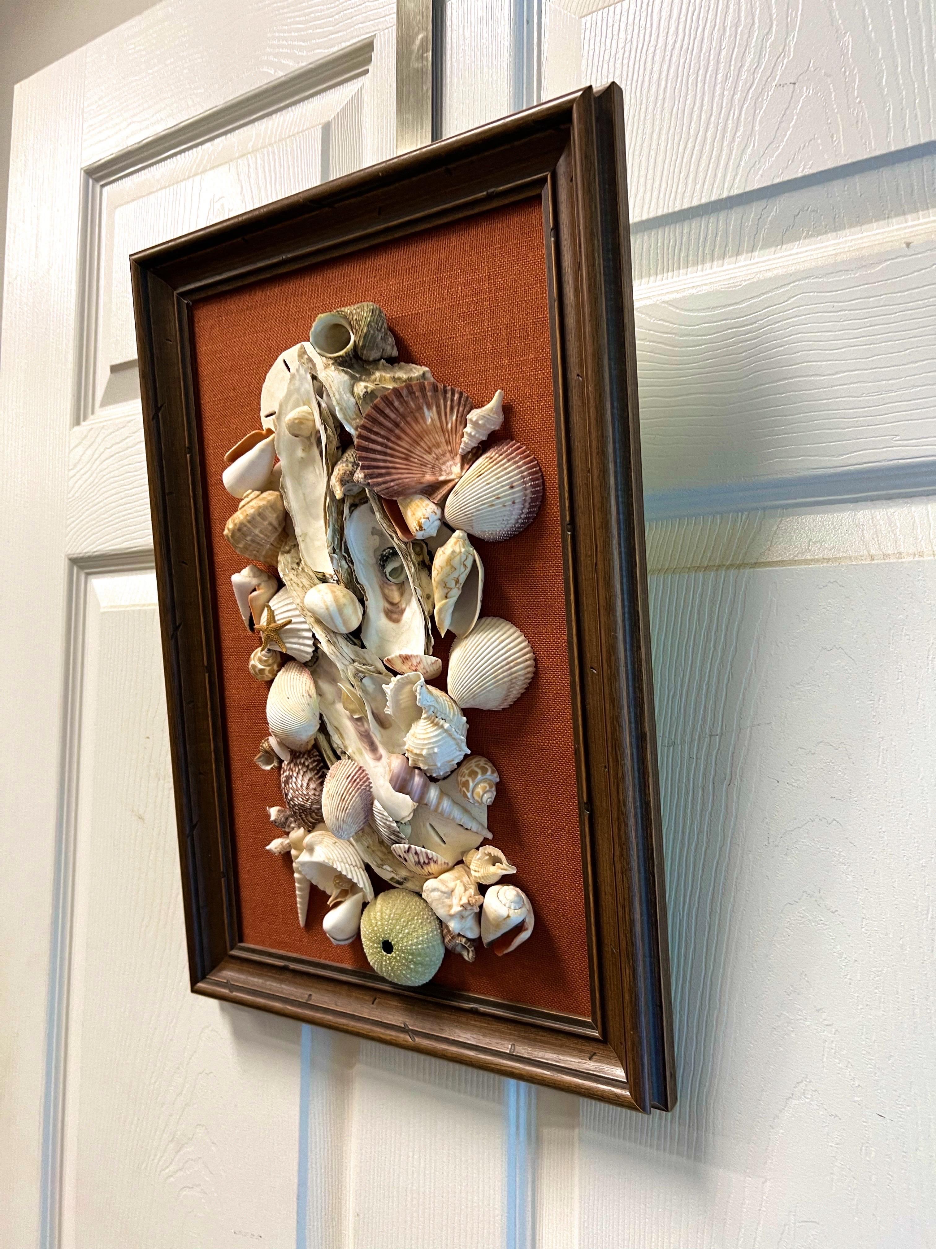 Kitschy Sea Shell Floral Wall Designs Wood Frame with an Orange fabric Background.  Handmade.  One of a kind. Circa 1960’s