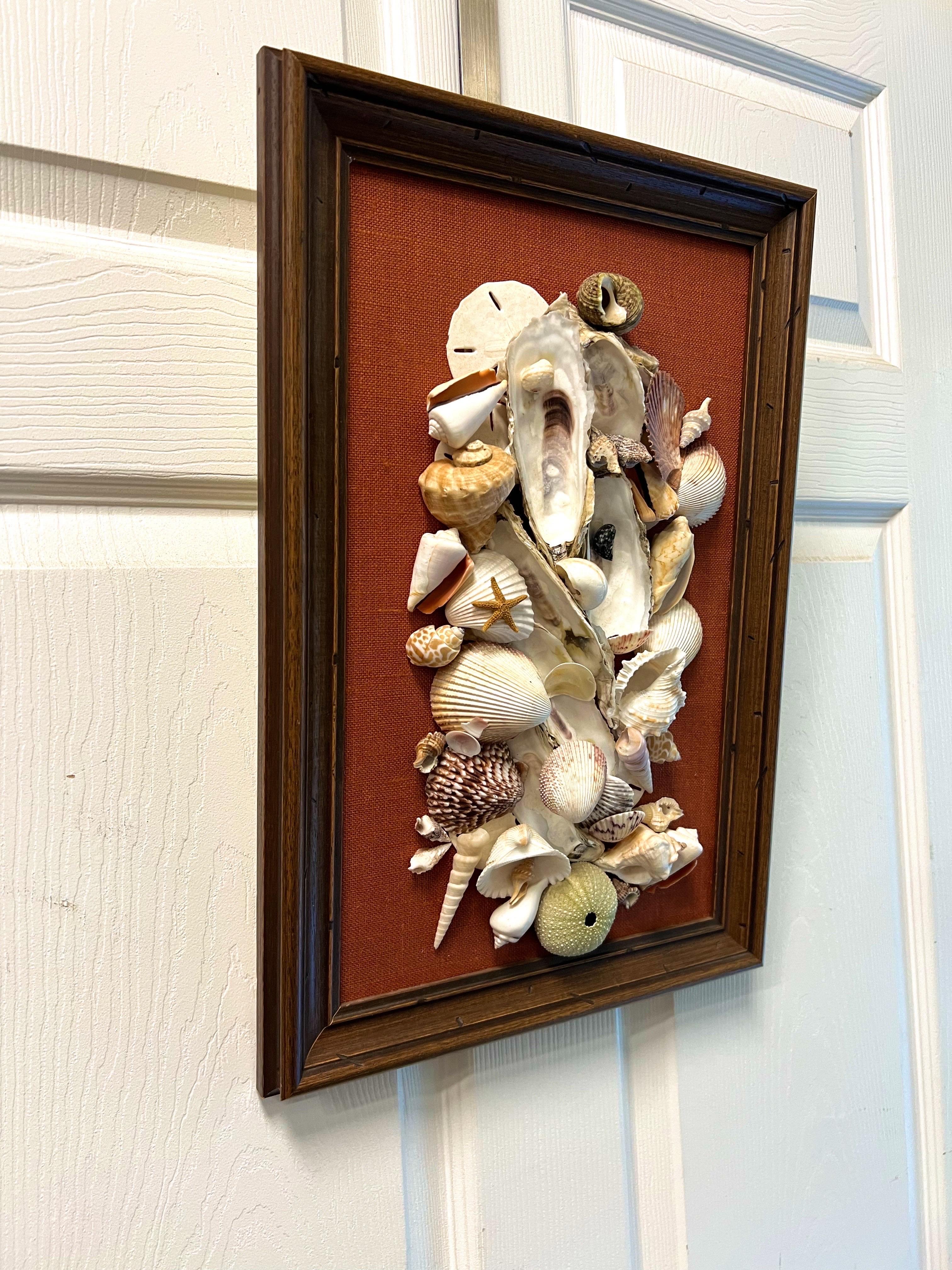 Folk Art Vintage Original Framed Seashell Art Collage on Canvas