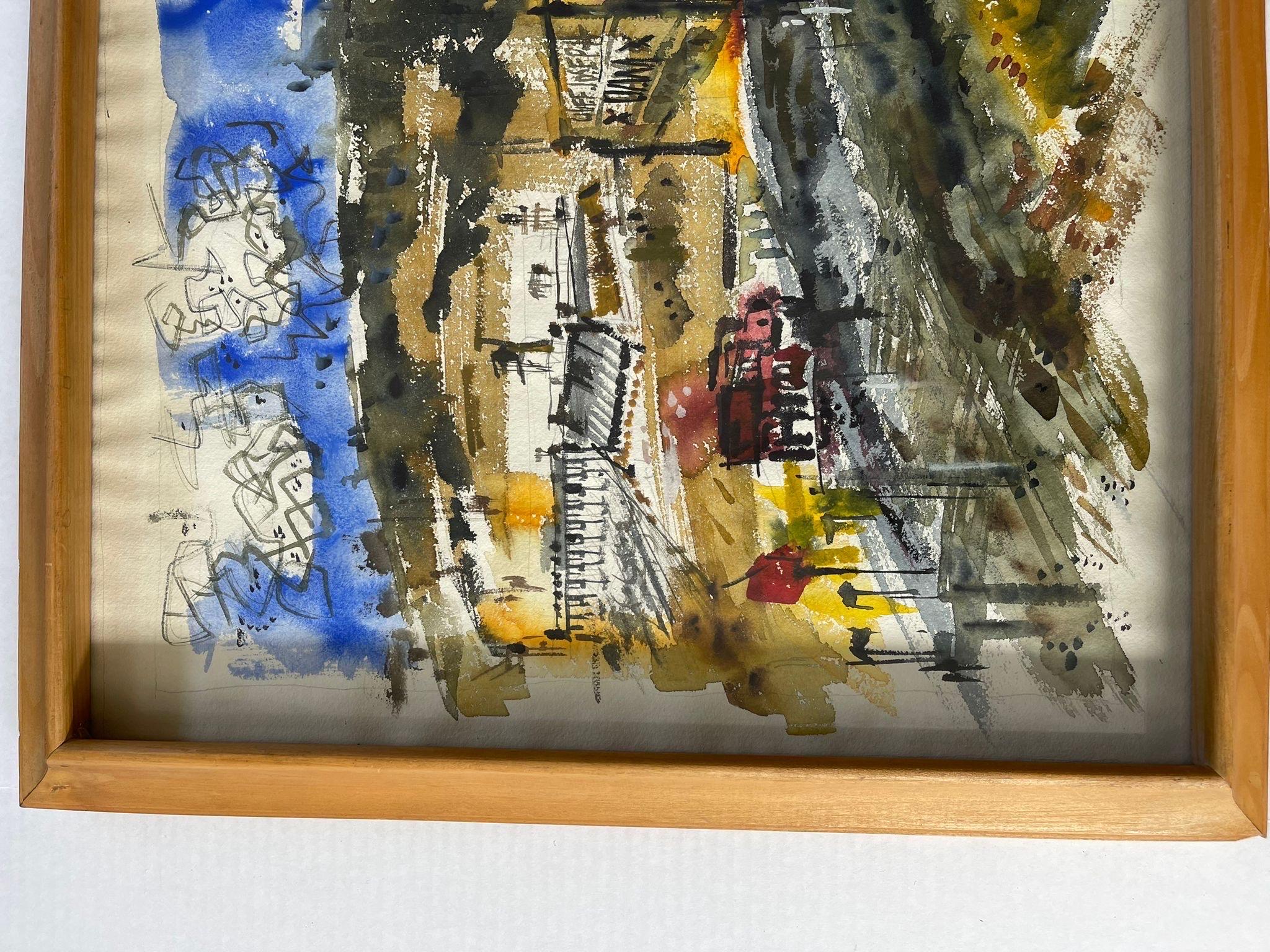 Vintage Original Framed Signed Abstract City Scape Artwork. For Sale 1