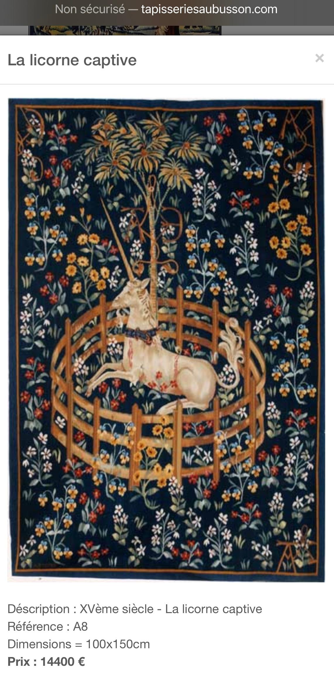 Vintage Original French Aubusson Tapestry the Unicorn Captives Numbered 11