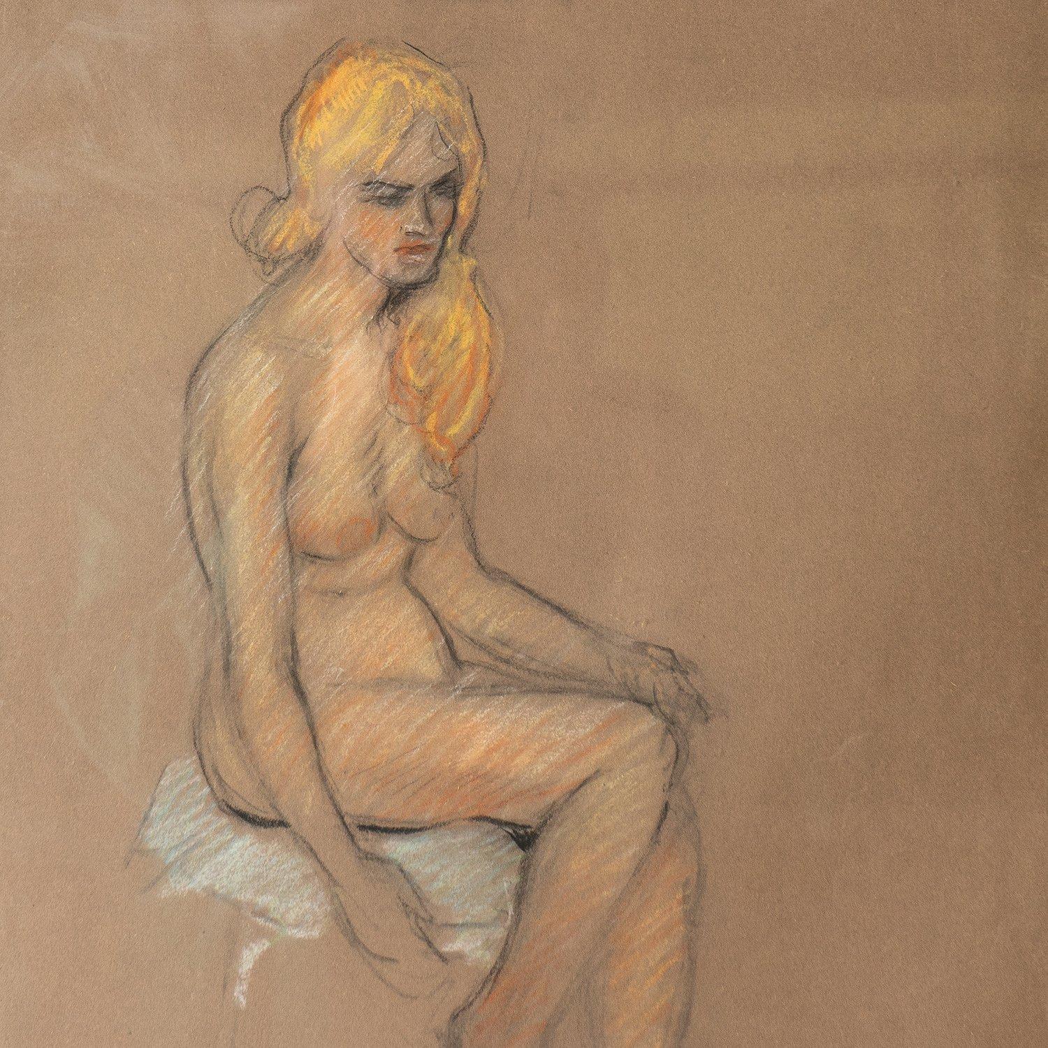 Vintage Original French Female Nude Life Drawing Portrait Study Mid 20th Century For Sale 3