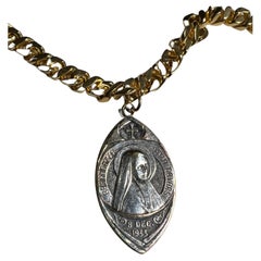 Vintage Original French Medal Pendant Gold Plated Chain Necklace