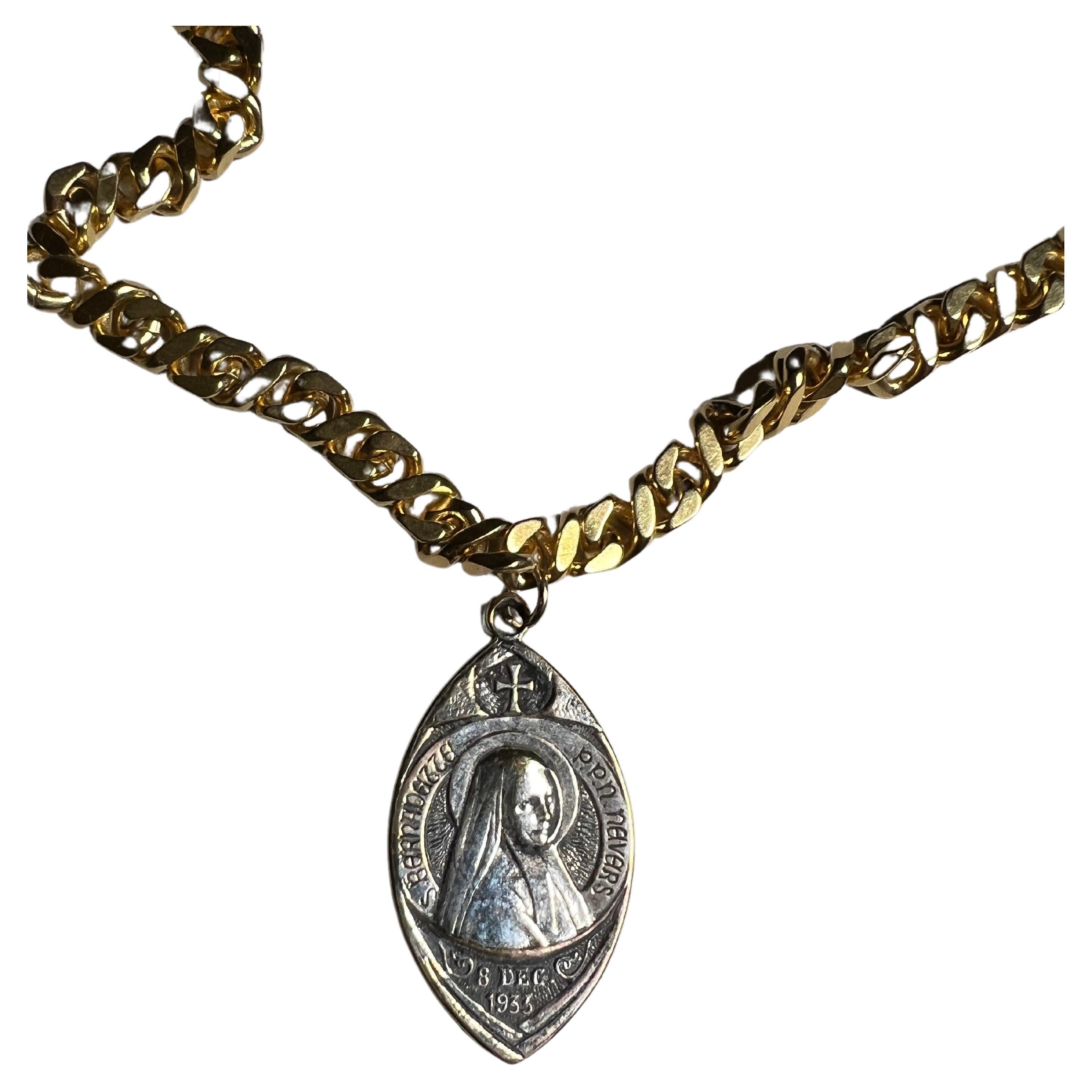 Victorian Vintage Original French Medal Pendant Gold Plated Chain Necklace For Sale
