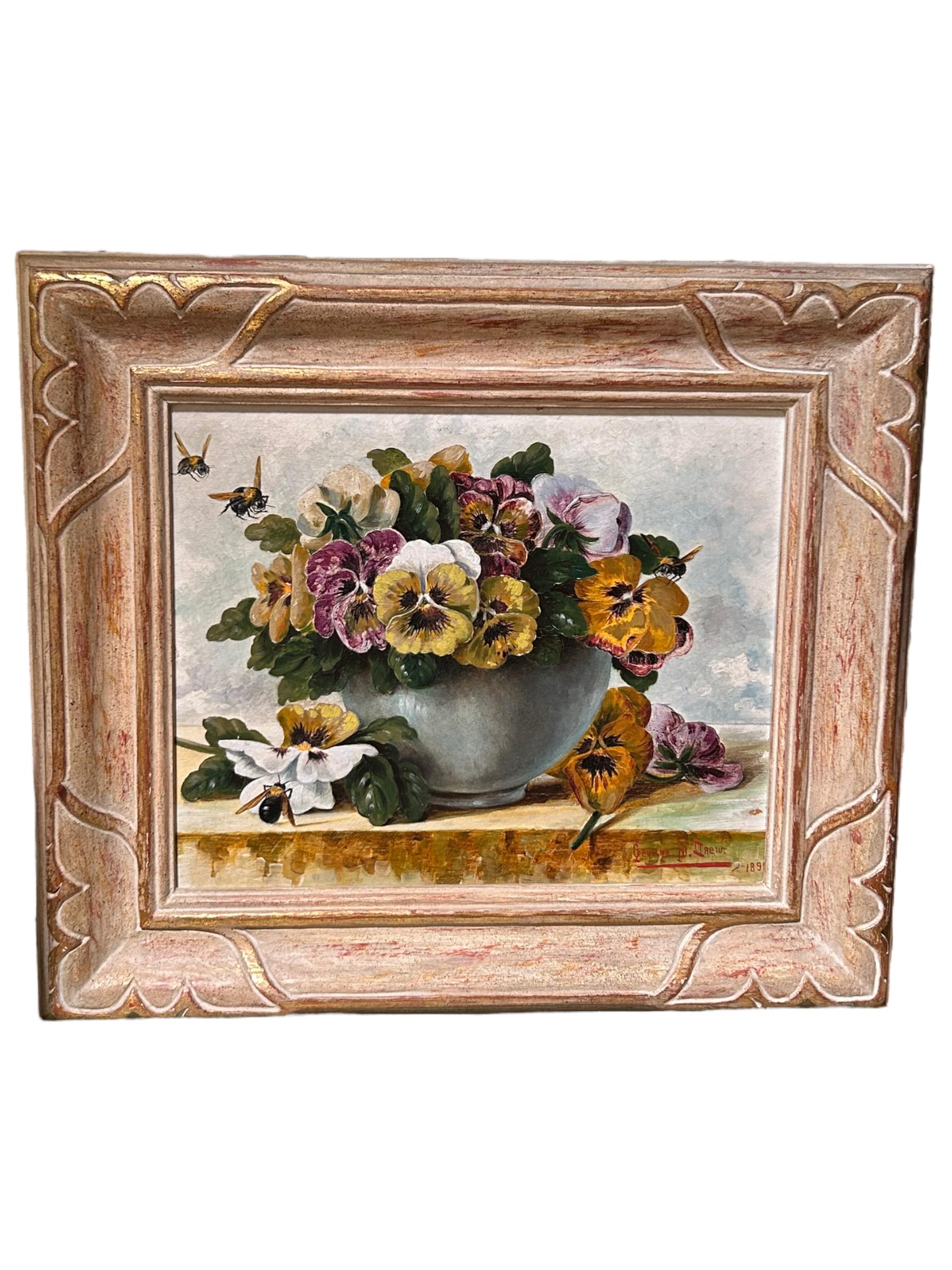 This original George W. Drew oil painting from 1898 embodies the beauty of still life art.  The artist’s Barbizon style is a testament to his skill and creativity.  The painting is perfect for anyone who appreciates art and wants to add a touch of