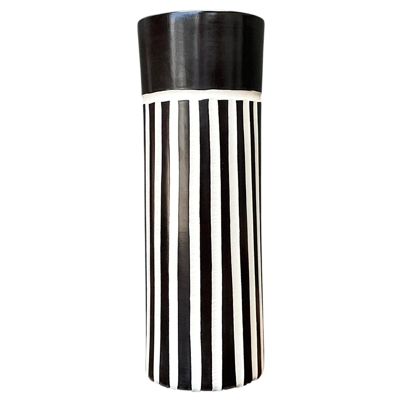 Vintage Original Graphic Black and White Glazed Ceramic Vase