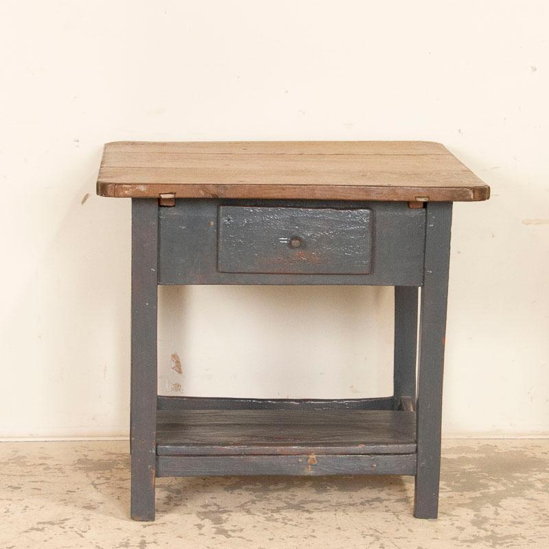 Hungarian Vintage Original Gray Painted Side Table Nightstand with Drawer and Shelf