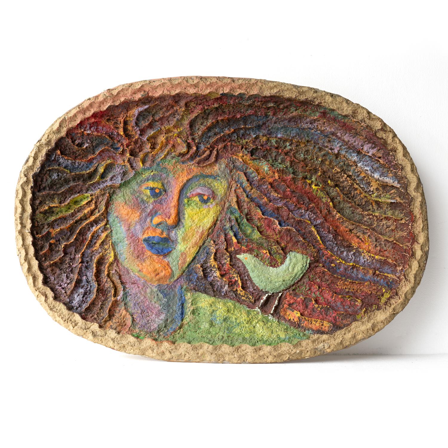 ORIGINAL HAND-PAINTED PAPER MACHE BOWL
Depicting a stylised woman with big hair looking at a bird perched on her shoulder.

Of three-dimensional form with a vibrant colour palette.

Unsigned and probably dating from the mid-late 20th century period