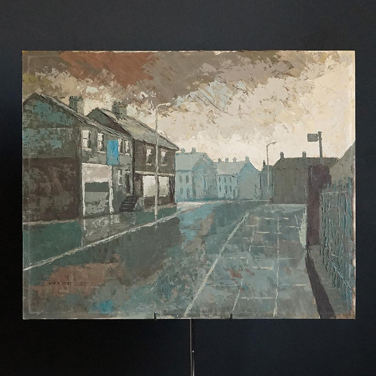 Milieu du XXe siècle Peinture à l'huile impressionniste originale vintage d'un paysage représentant une scène de rue en vente