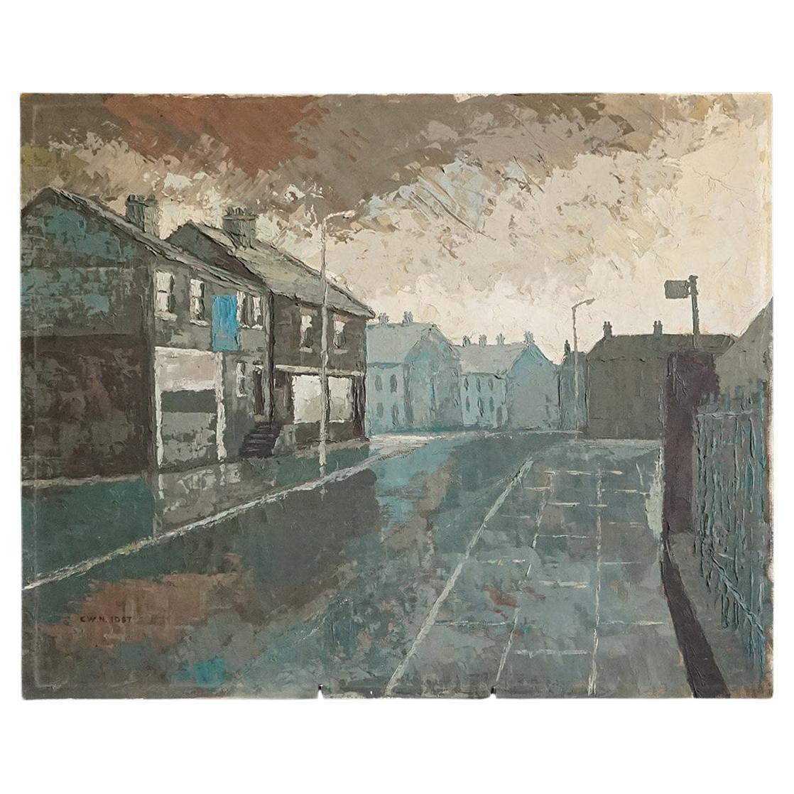 Peinture à l'huile impressionniste originale vintage d'un paysage représentant une scène de rue