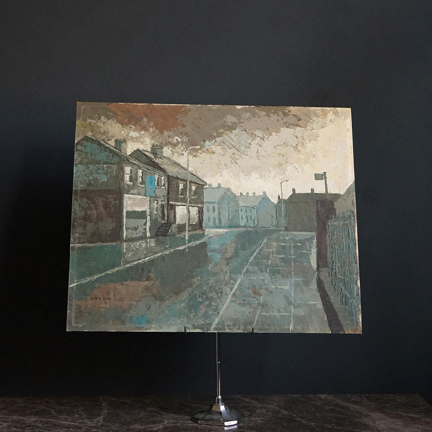 Peinture à l'huile impressionniste originale vintage d'un paysage représentant une scène de rue Bon état - En vente à Bristol, GB