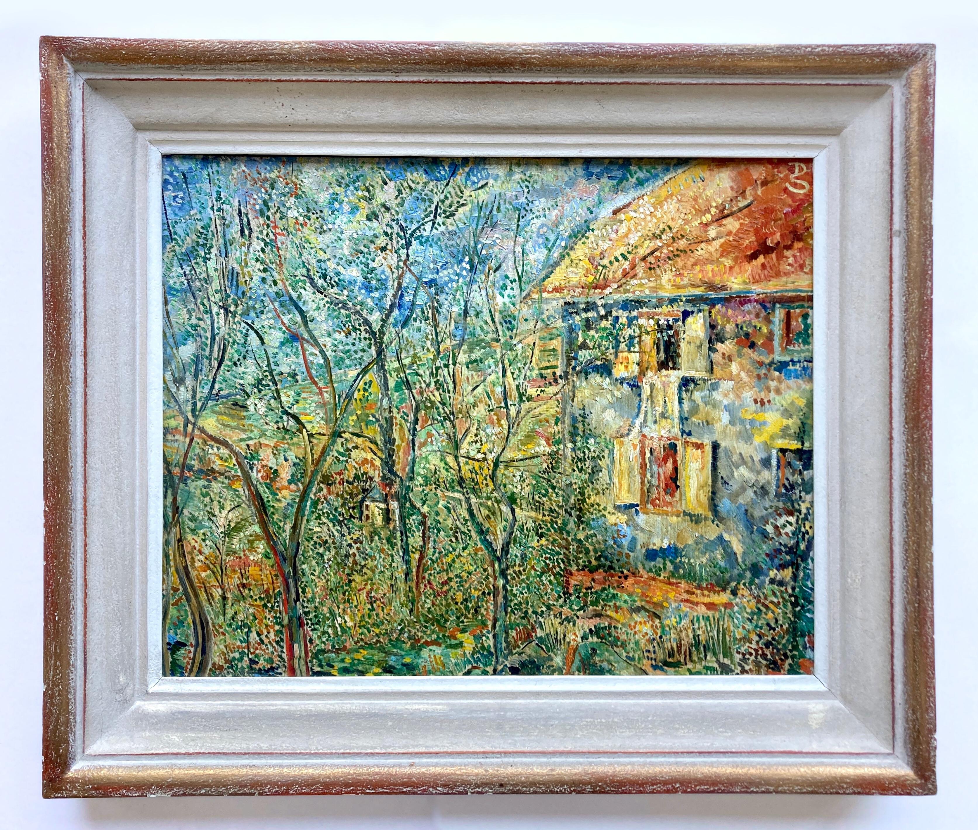 Une œuvre d'art originale, colorée et frappante, non datée mais datant probablement des années 1940. Cette peinture à l'huile sur panneau de bois provient de France. Le tableau est signé par l'artiste, D. S., dans le coin supérieur droit.