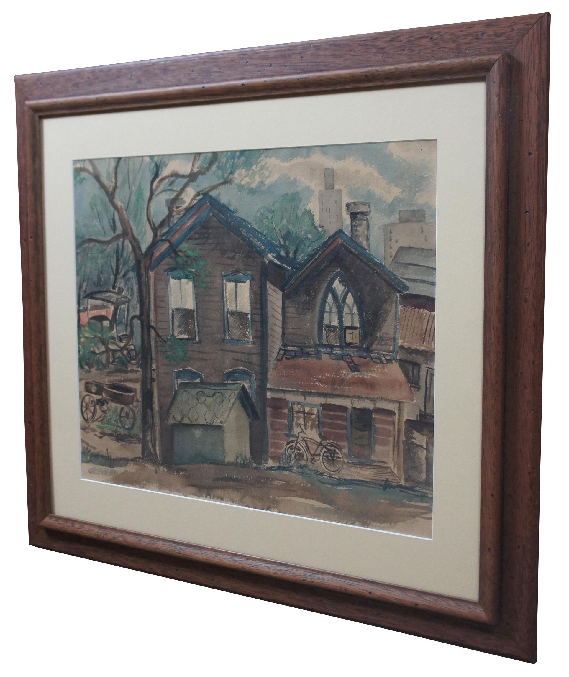 Framed original watercolor painting by James Yoko, showing a simple clapboard house with a bicycle on the porch and two wagons or carts in the side yard with taller city buildings in the background. “James Yoko (January 24, 1916 – April 11, 2004)