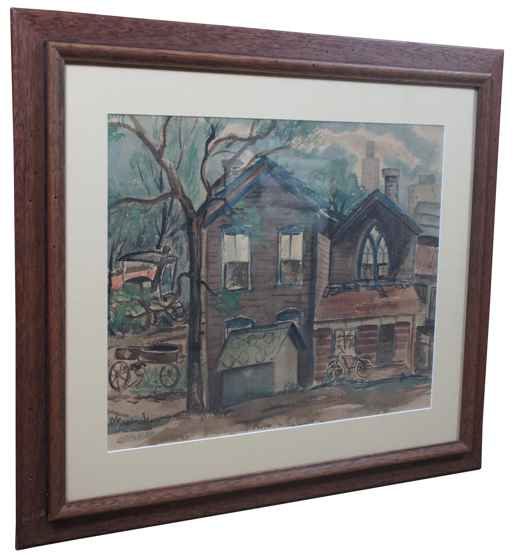 Rustic Vintage Original James Yoko Cityscape Watercolor Painting House Farmhouse Wagons