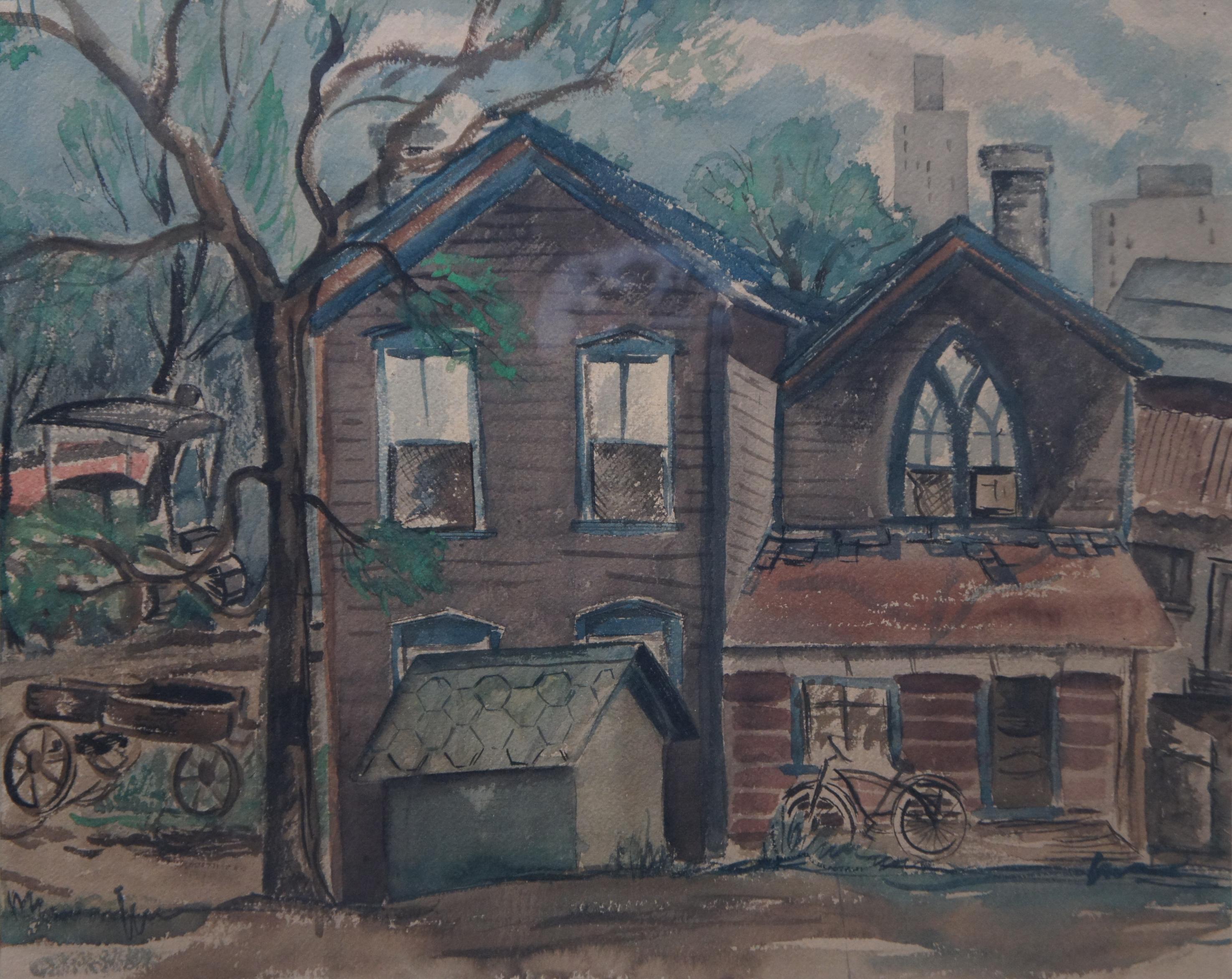 Vintage Original James Yoko Cityscape Watercolor Painting House Farmhouse Wagons In Good Condition In Dayton, OH