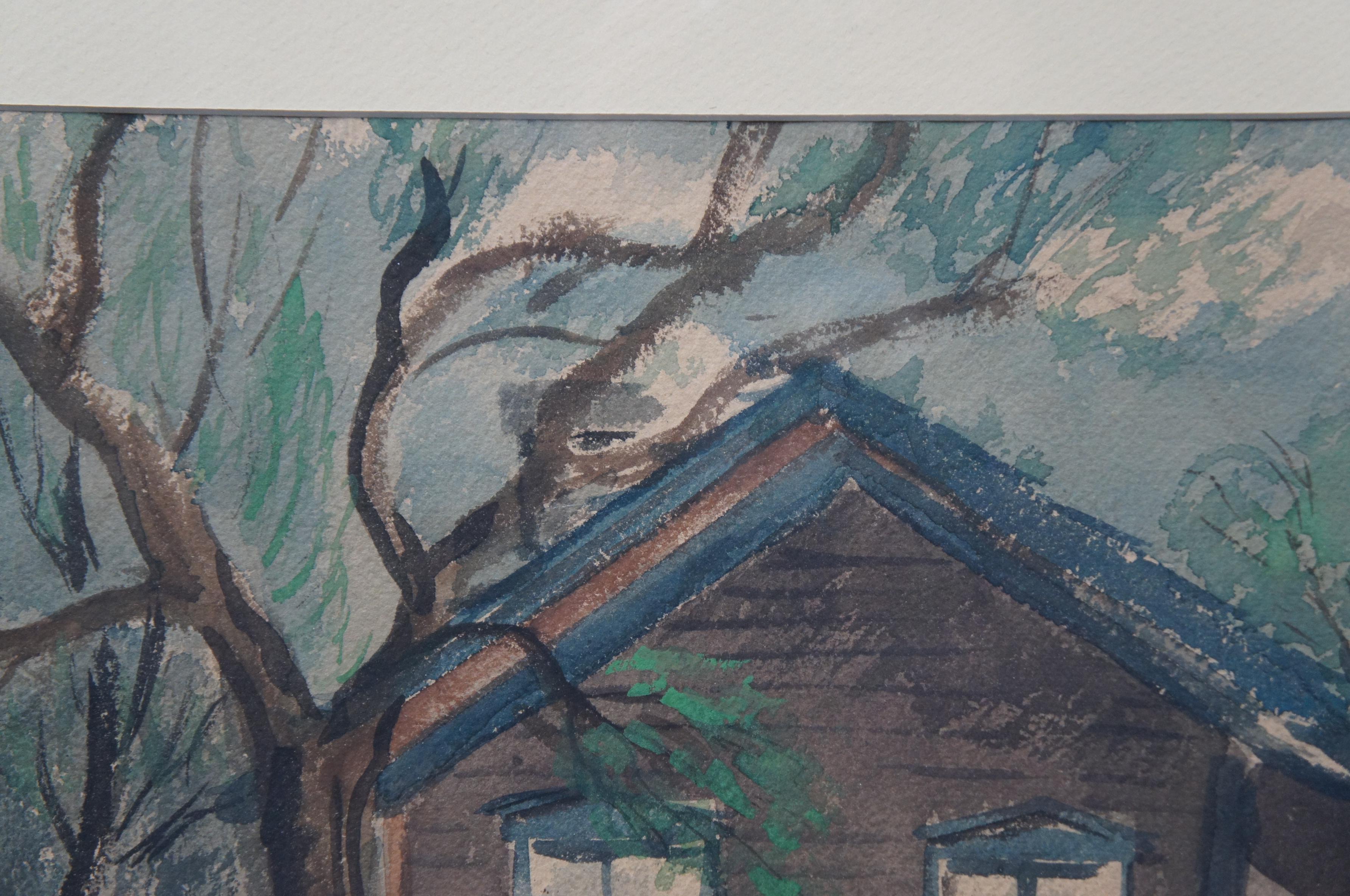 Vintage Original James Yoko Cityscape Watercolor Painting House Farmhouse Wagons 4