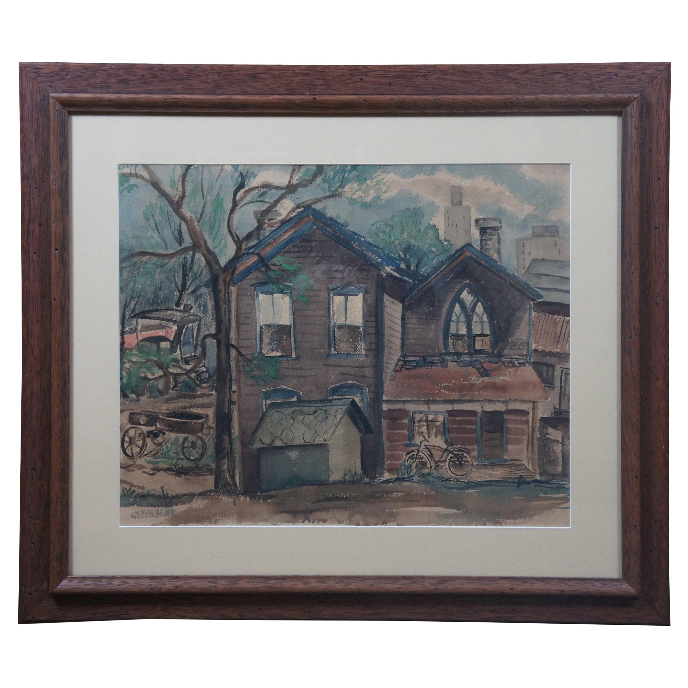 Vintage Original James Yoko Cityscape Watercolor Painting House Farmhouse Wagons