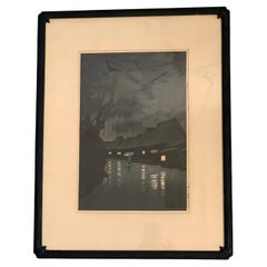Vintage Original Japanese Woodblock "Rainy Night at Maekawa" Hasui Kawase, 1932
