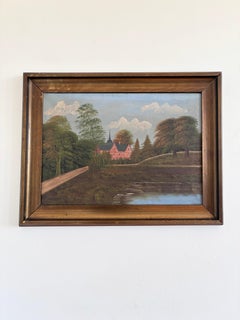 Cuadro al óleo vintage original de un paisaje, obra de arte rural firmada, hacia 1930