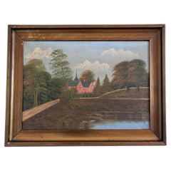 Cuadro al óleo vintage original de un paisaje, obra de arte rural firmada, hacia 1930