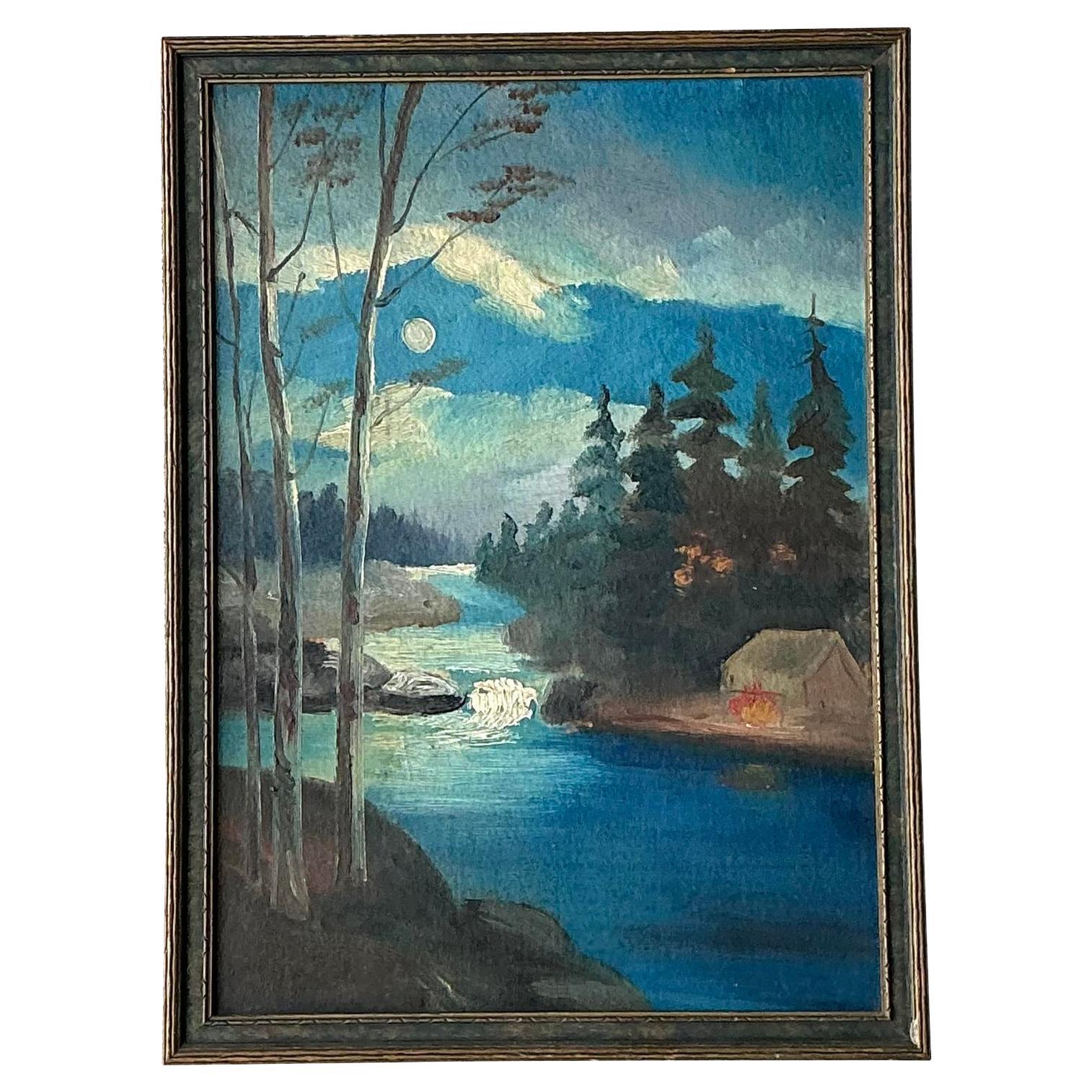 Vintage Original Landschaft Aquarell auf dem Brett im Angebot