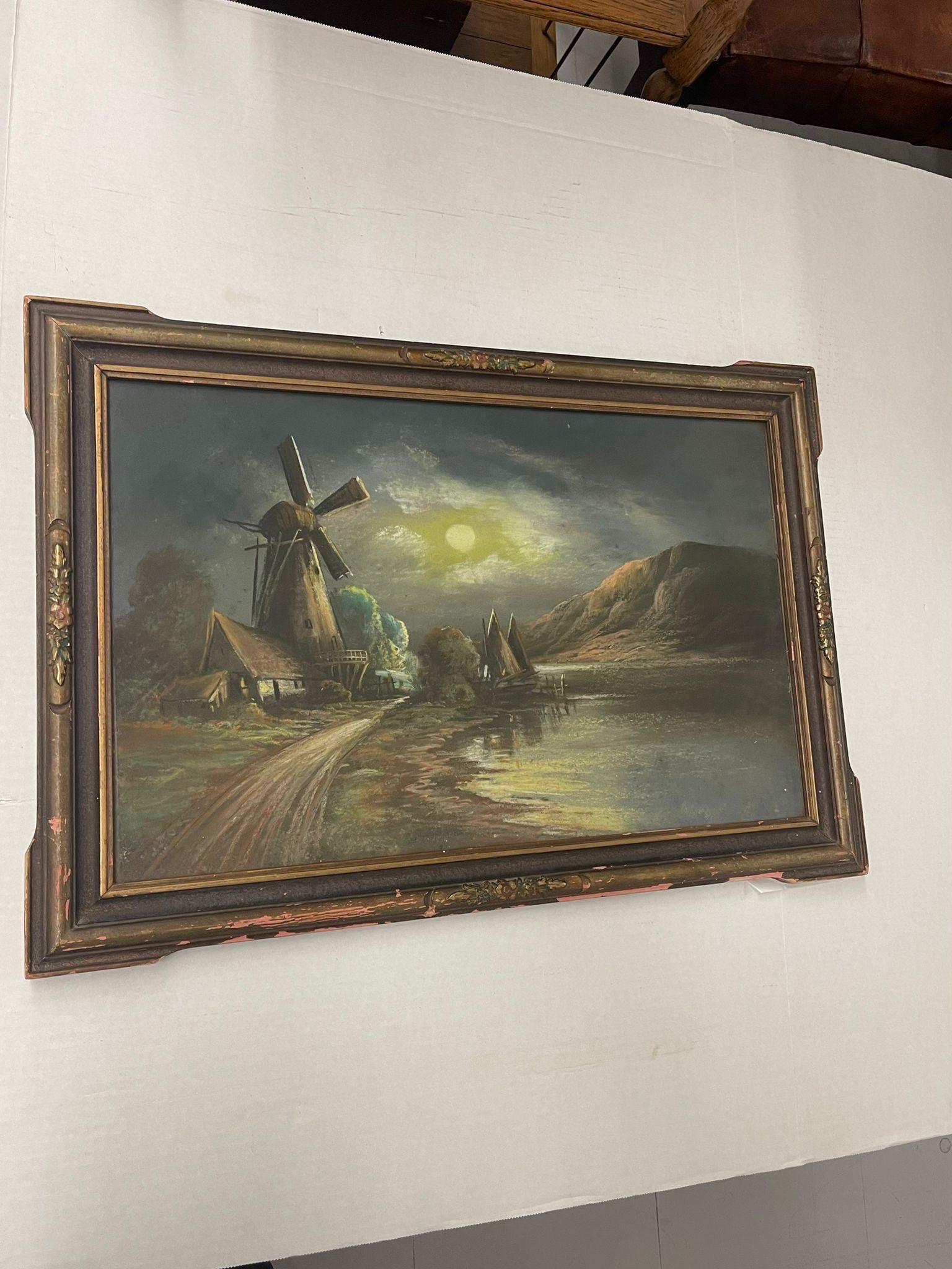 Possibly Oil or Pastel on Paper. Frame Has Been Reinforced on the back. Frame has Floral Motifs. Frame Circa 1920s. Vintage Condition Consistent with Age as Pictured.

Dimensions. 26 W ; 1 D ; 17 1/2 H