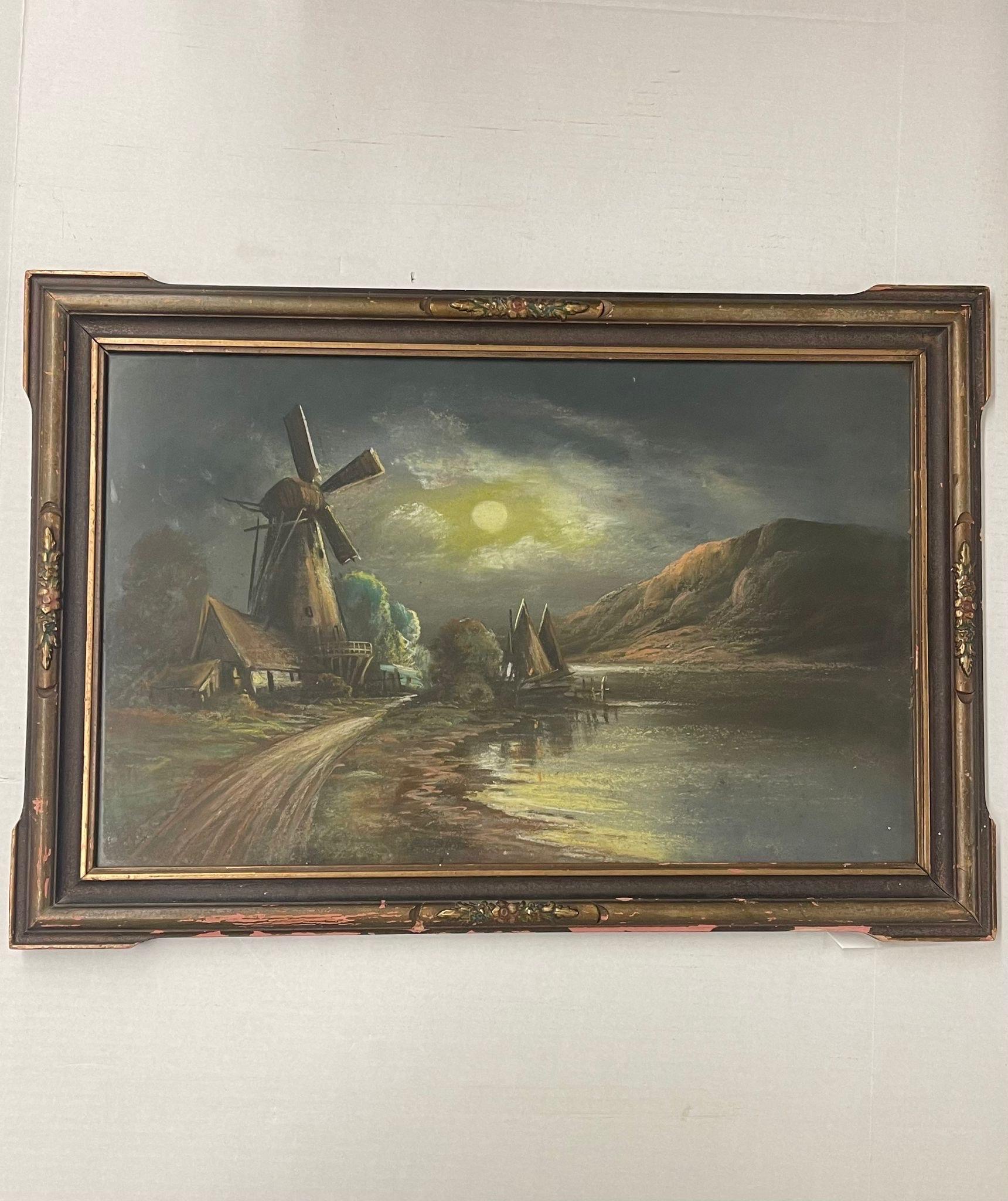 Possibly Oil or Pastel on Paper. Frame has Been Reinforced on the Back as Pictured. Frame Circa 1920s. Vintage Condition Consistent with Age as Pictured.

Dimensions. 26 W ; 1 D ; 17 1/2 H