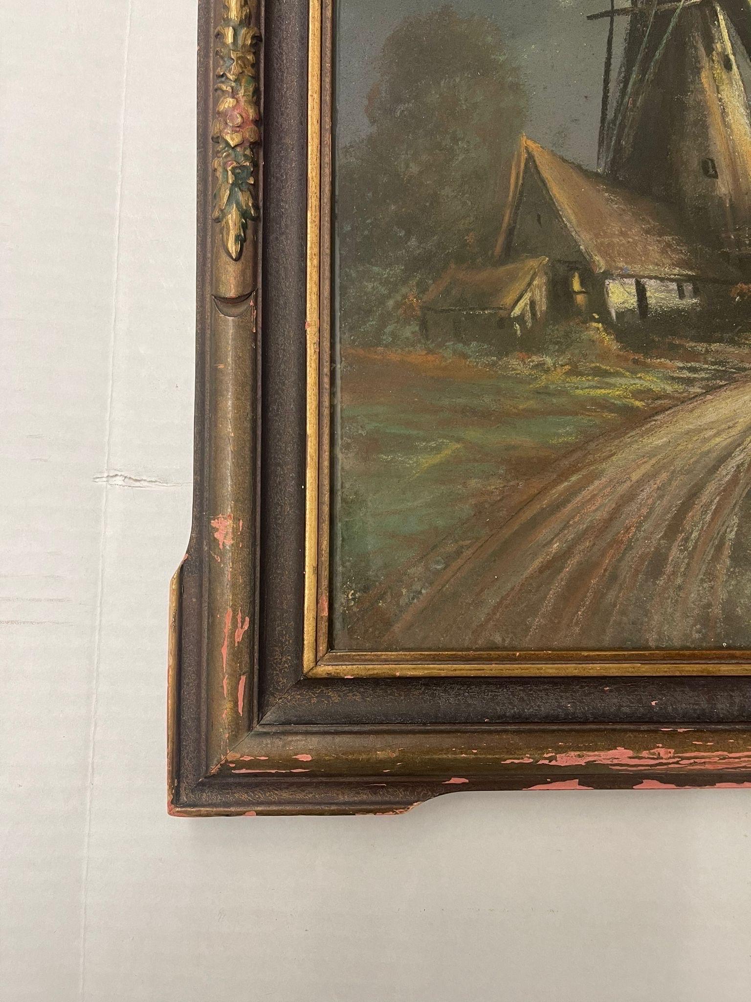 Early 20th Century Vintage Original Landscape Windmill Artwork Within Victorian Style Frame. For Sale