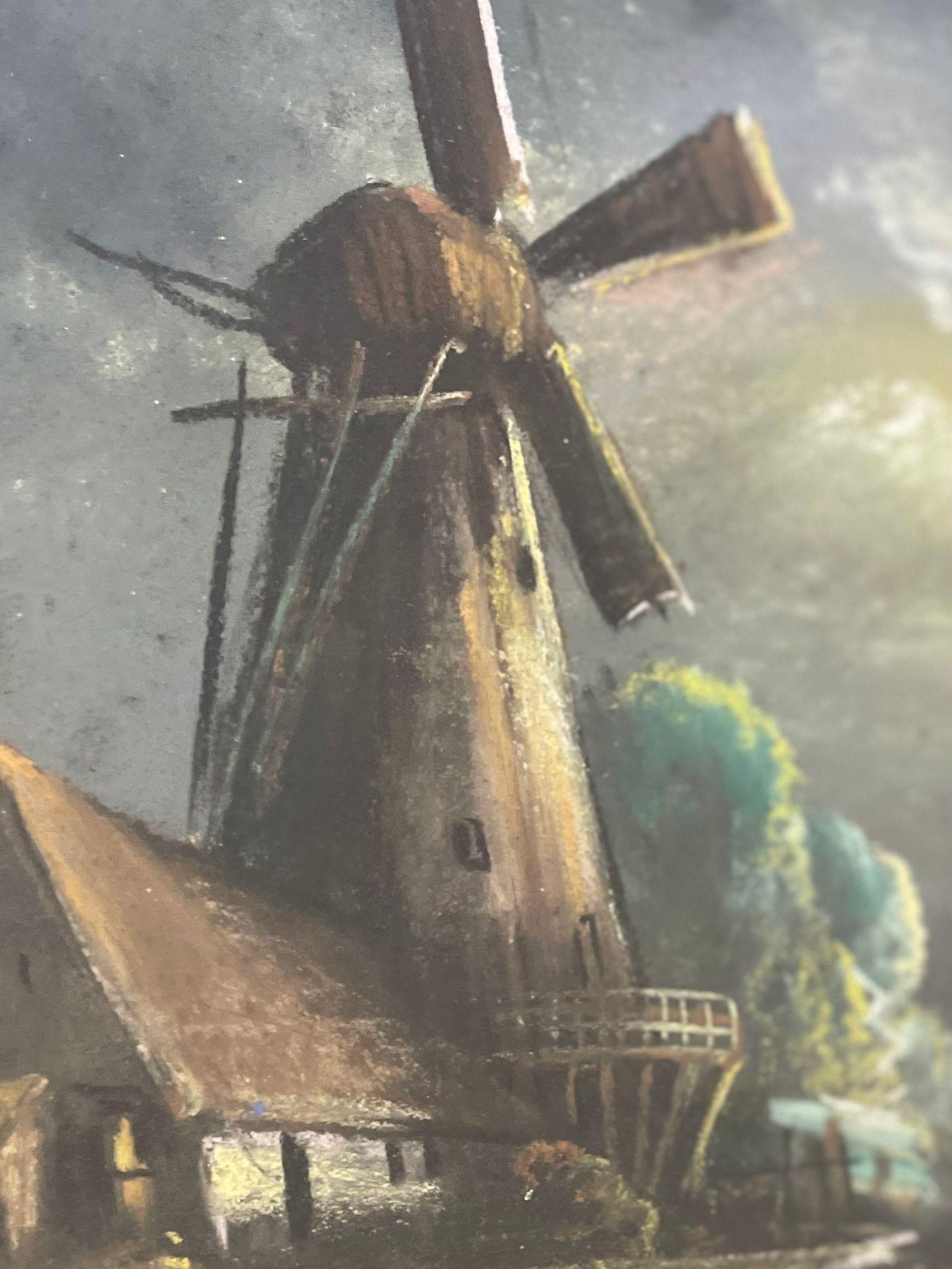 Wood Vintage Original Landscape Windmill Artwork Within Victorian Style Frame. For Sale