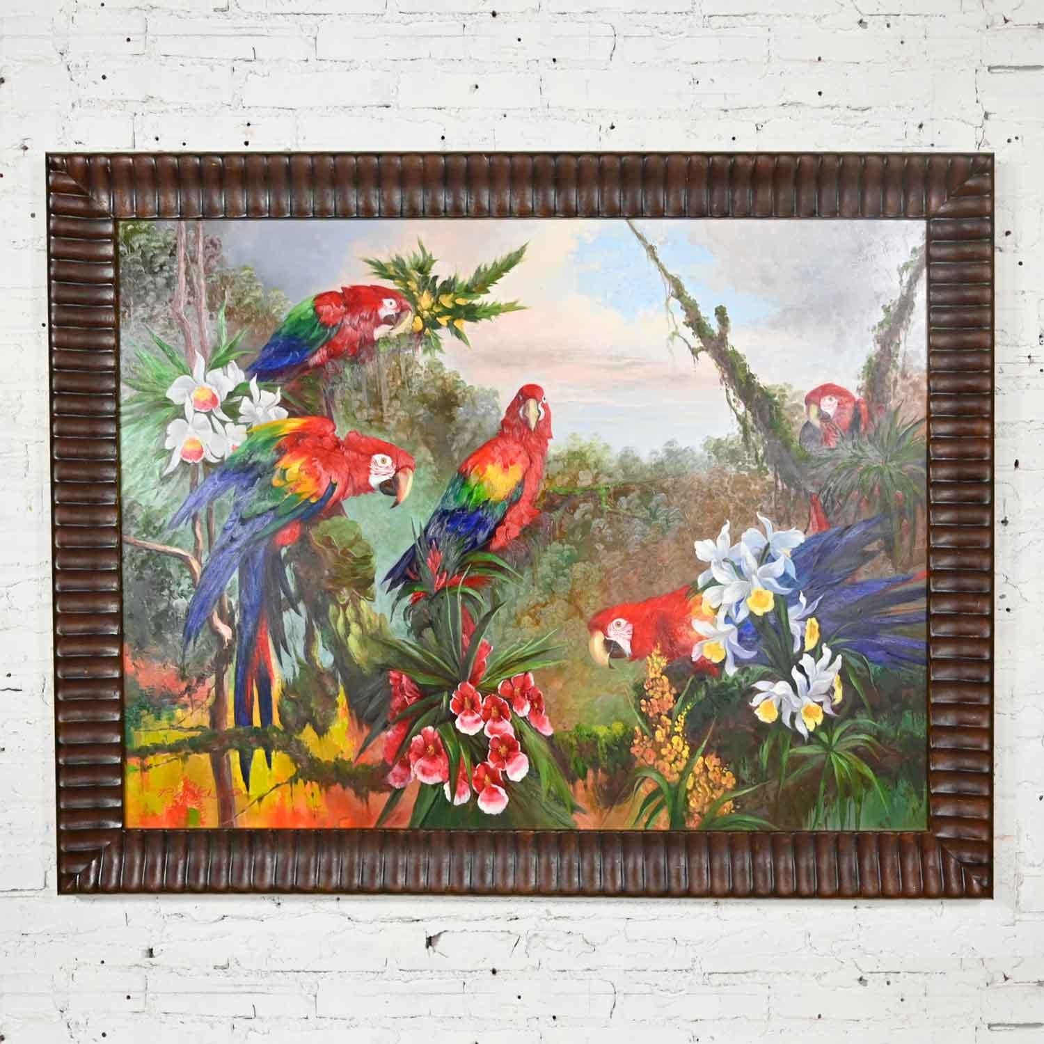 Vintage Original Large Scale Parrot Painting by P. Charles Dark Wood Frame For Sale 1