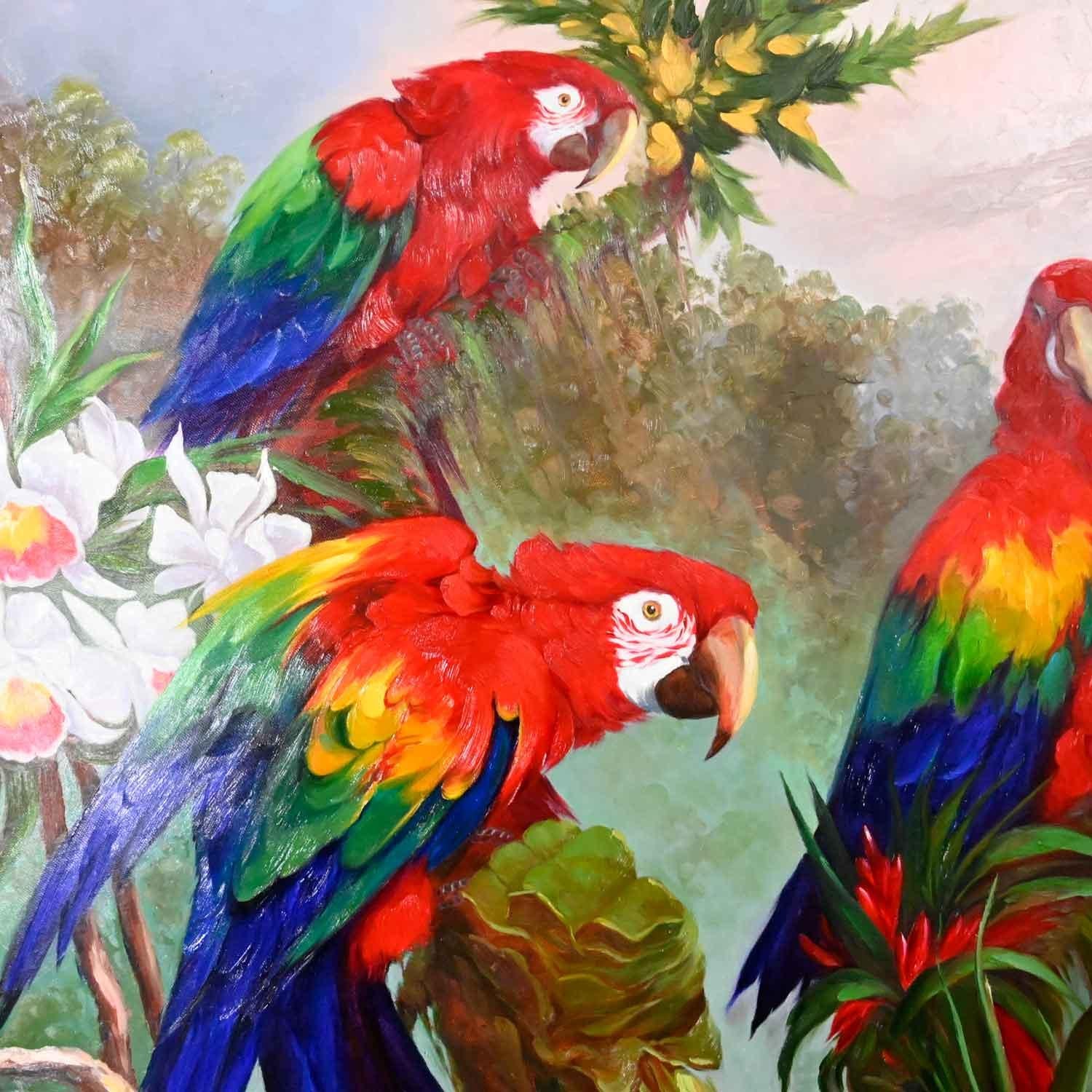 Vintage Original Large Scale Parrot Painting by P. Charles Dark Wood Frame For Sale 2