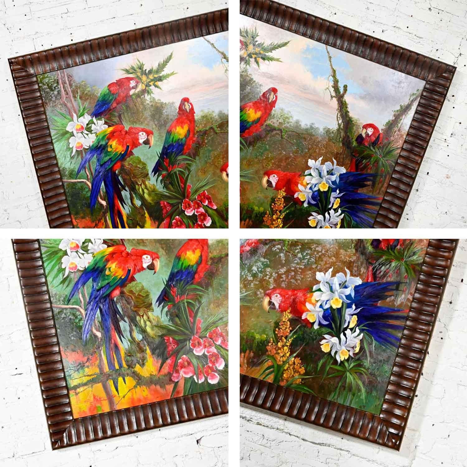 Peinture vintage originale de perroquet à grande échelle dans un cadre en bois foncé de P. Charles en vente 8