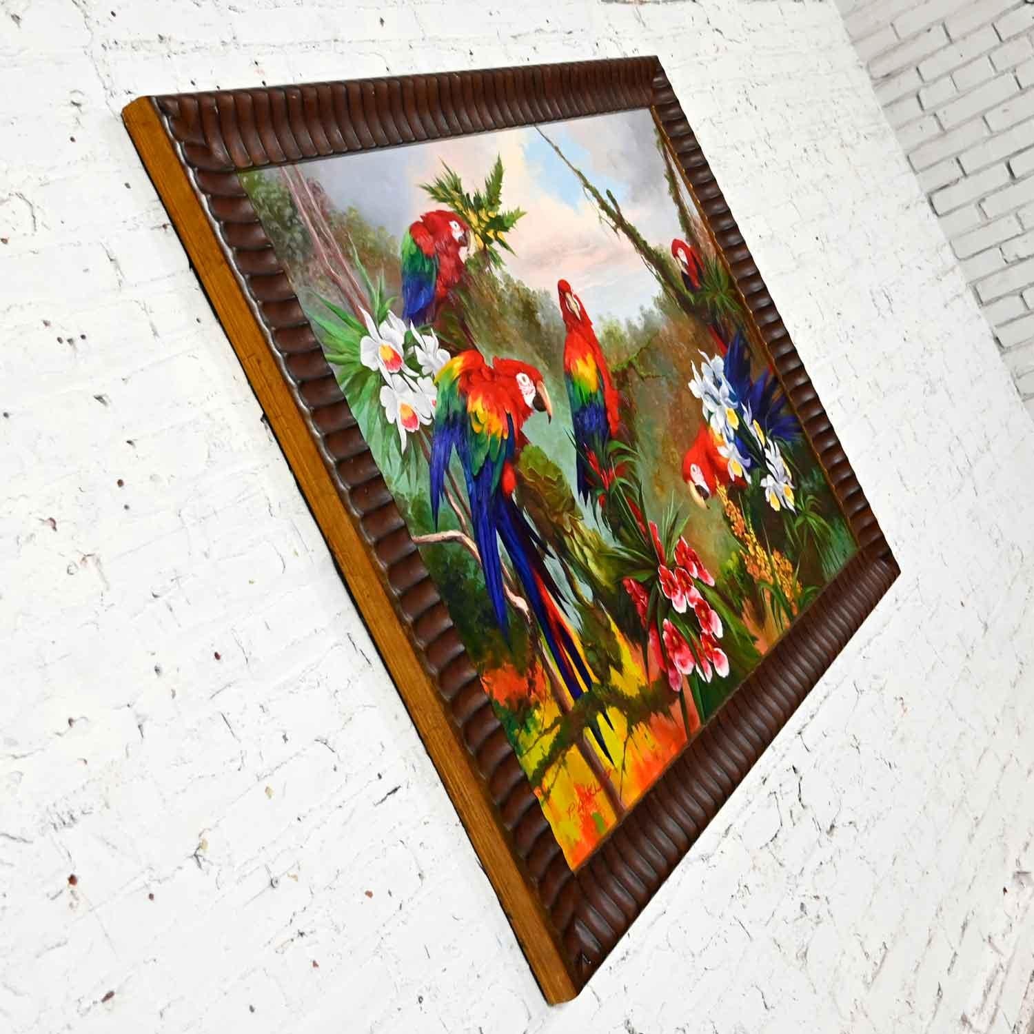 Autre Peinture vintage originale de perroquet à grande échelle dans un cadre en bois foncé de P. Charles en vente
