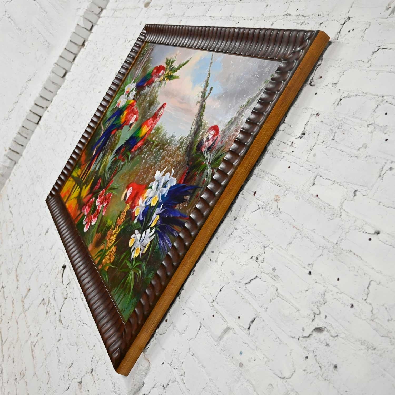 Peinture vintage originale de perroquet à grande échelle dans un cadre en bois foncé de P. Charles en vente 1