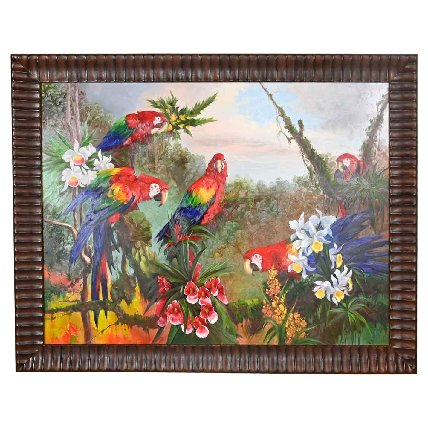 Vintage Original Large Scale Parrot Painting by P. Charles Dark Wood Frame For Sale