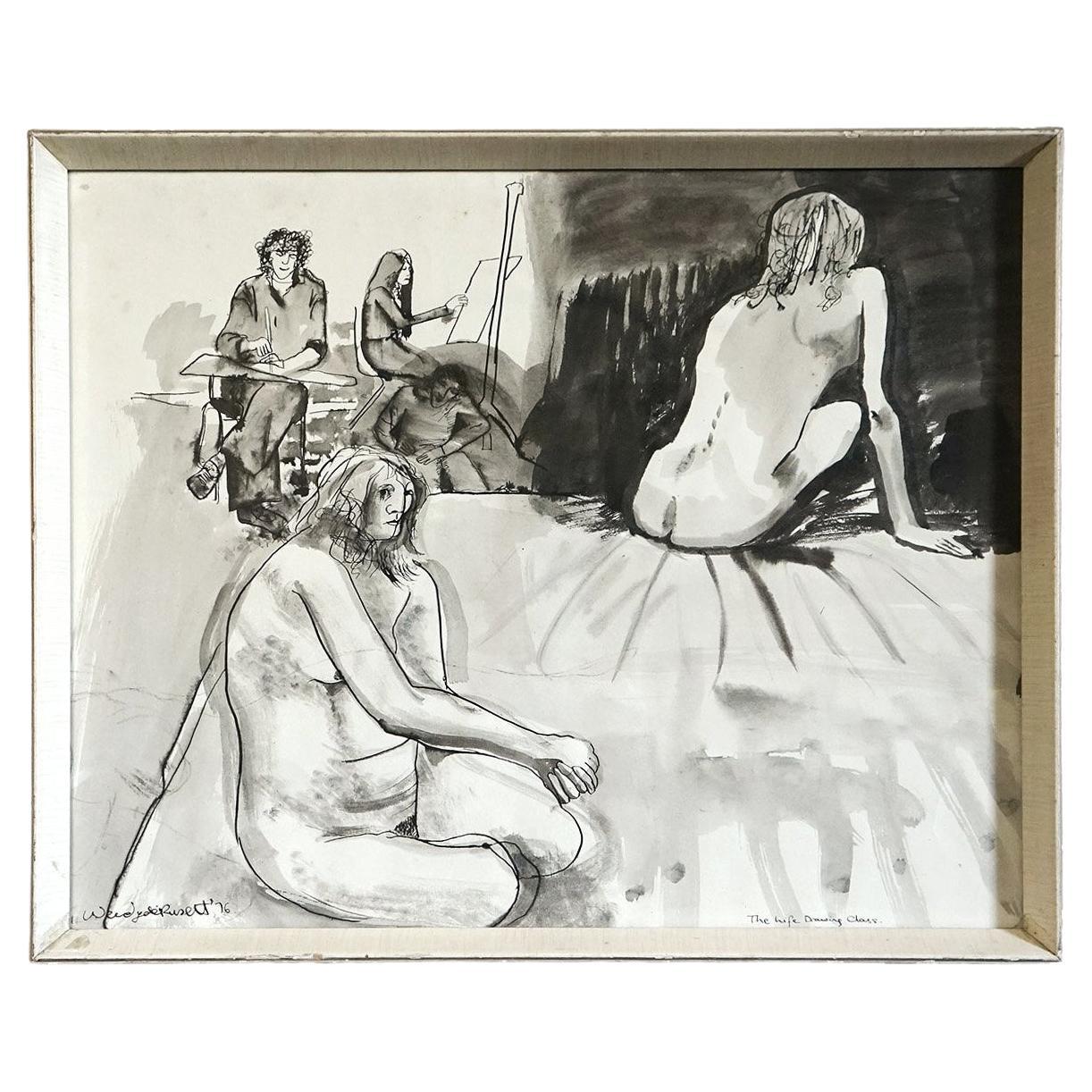 Peinture vintage originale de nus à l'encre et au stylo de Wendy de Rusett, années 1970 en vente