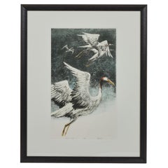 Vintage Original Lithograph, 'Cranes in Flight II'