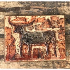 Vintage Original Mixed Media Bull on Canvas